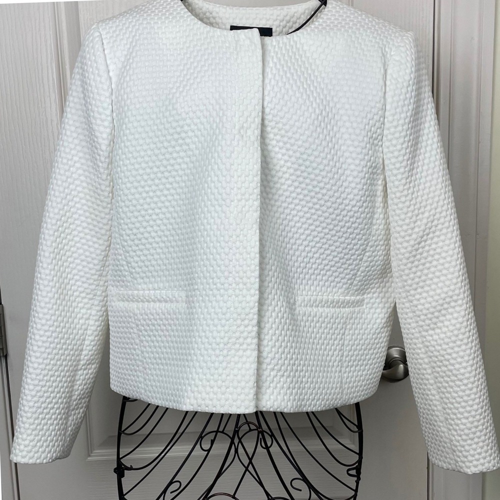 J.Crew Womens White Textured Matelasse Collarless Blazer Moto Jacket Sz 14 Woven